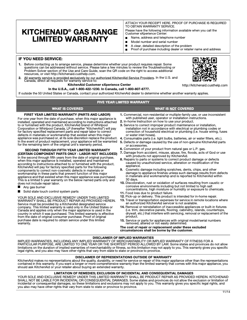 Página nº 1 - Información de garantía KitchenAid KFGD500ESS