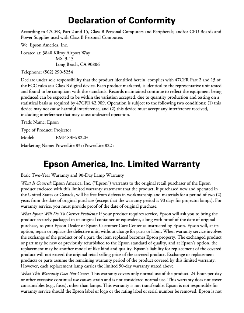 Página 1 del manual Información de garantía Epson PowerLite 83+