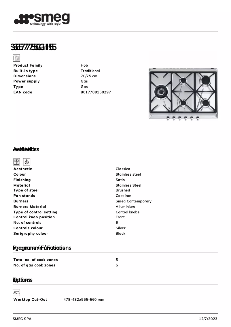 Página 1 del manual Ficha técnica Smeg SE775GH5