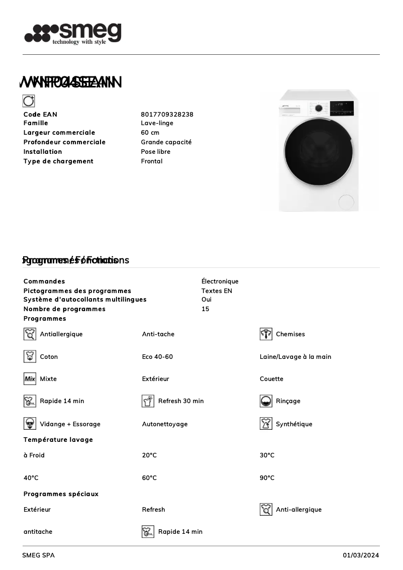 Página 1 del manual Ficha técnica Smeg WNP04SEAIN