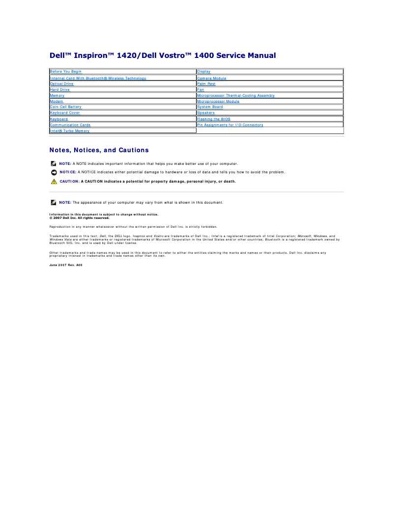 Imagen de la primera página del manual del dispositivo Inspiron 1420