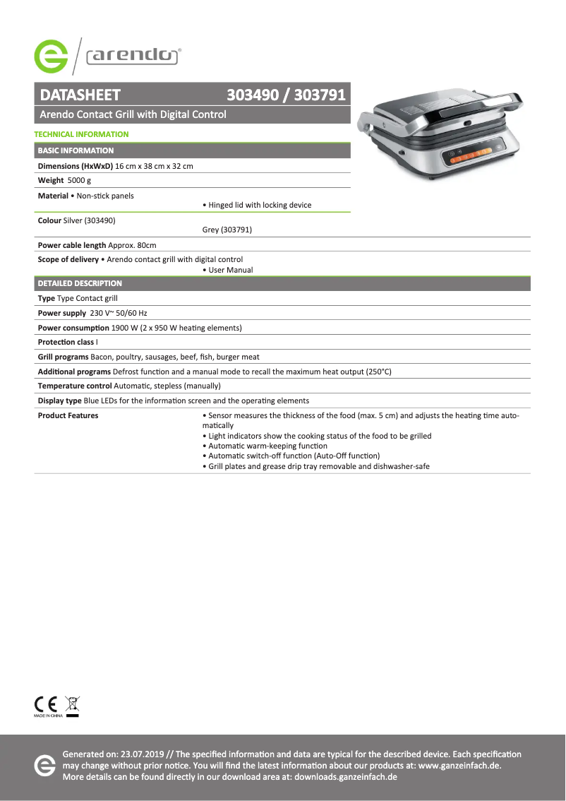 Página 1 del manual Ficha técnica Arendo 303491