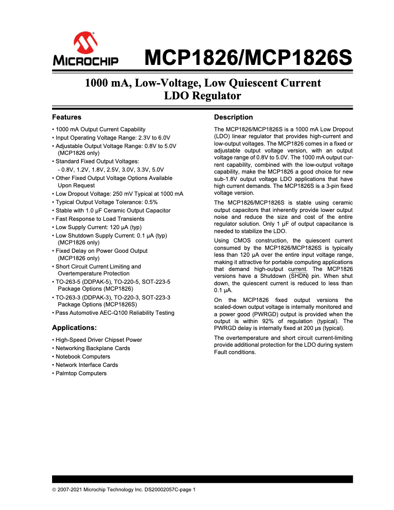 Imagen de la primera página del manual del dispositivo MCP1826S