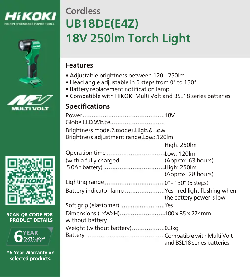 Página 1 del manual Ficha técnica HiKOKI UB18DE