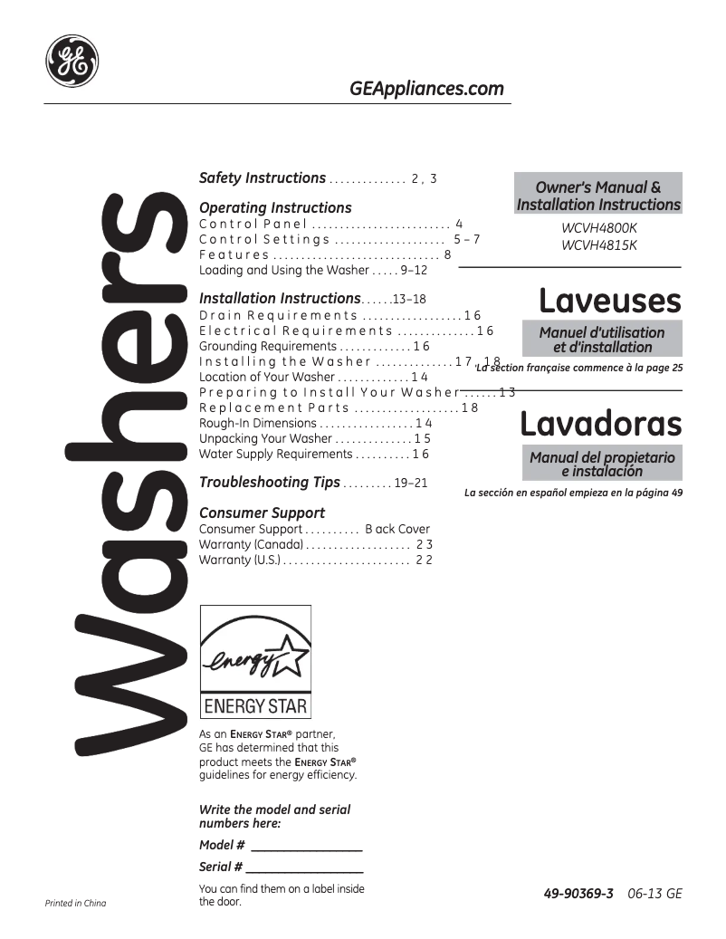 Imagen de la primera página del manual del dispositivo WCVH4815KMS