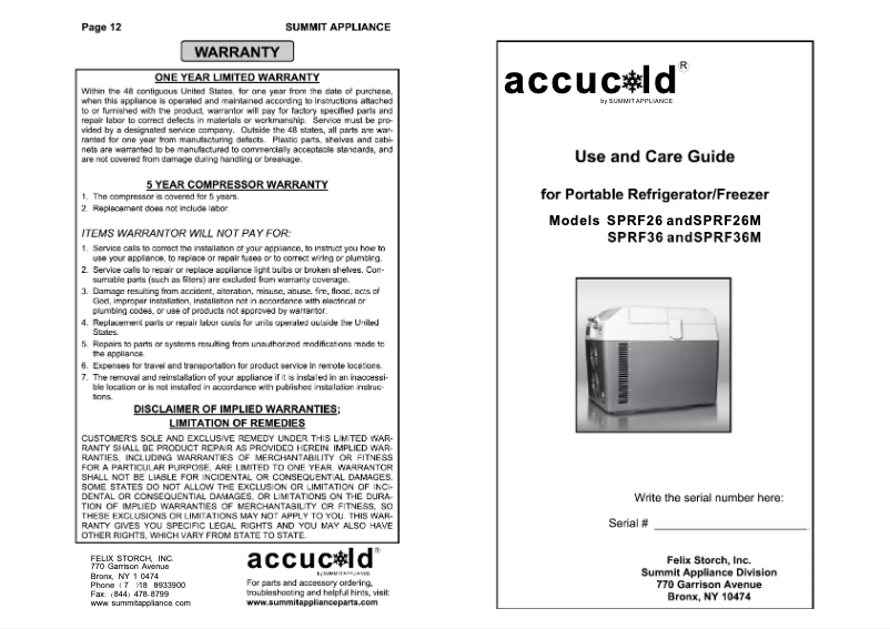 Página nº 1 - Manual de usuario Accucold SPRF26M