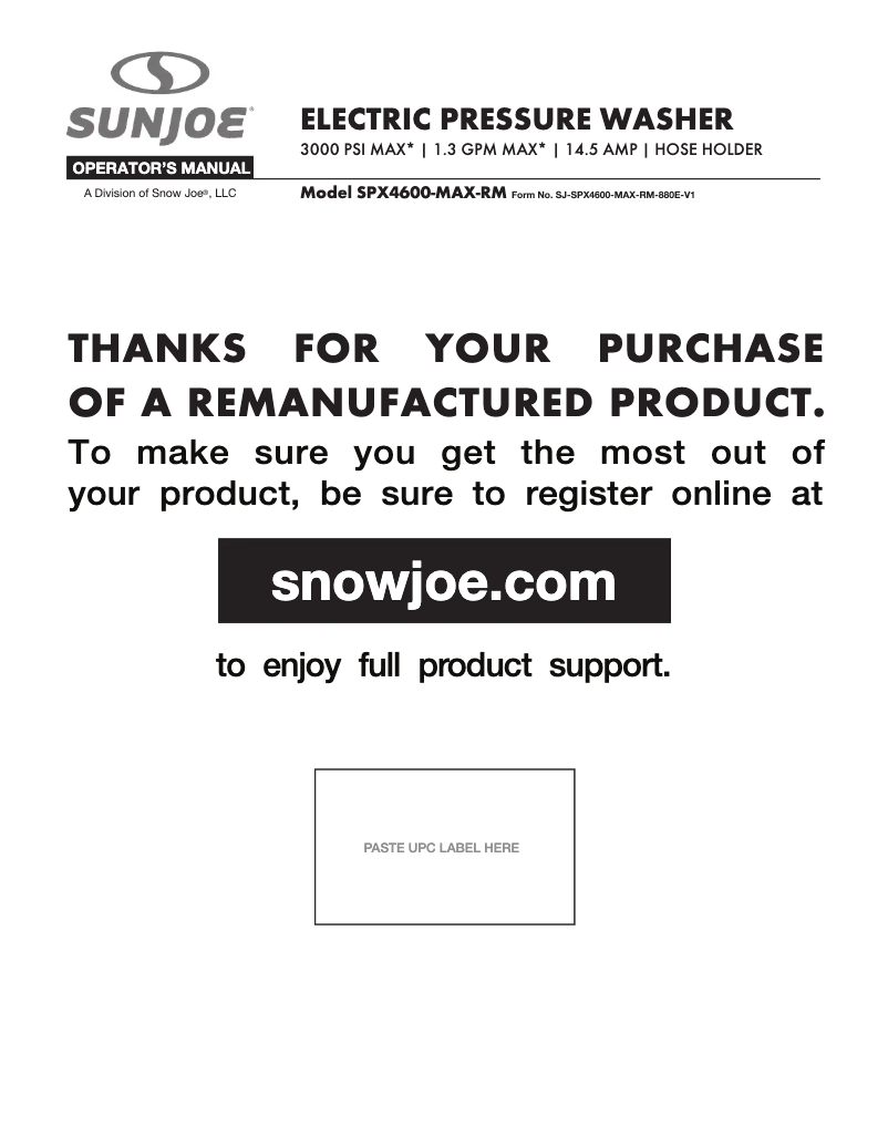 Página nº 1 - Manual de usuario Sun Joe SPX4600-MAX-RM