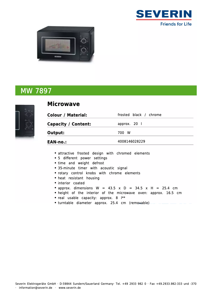 Página 1 del manual Ficha técnica Severin MW 7897