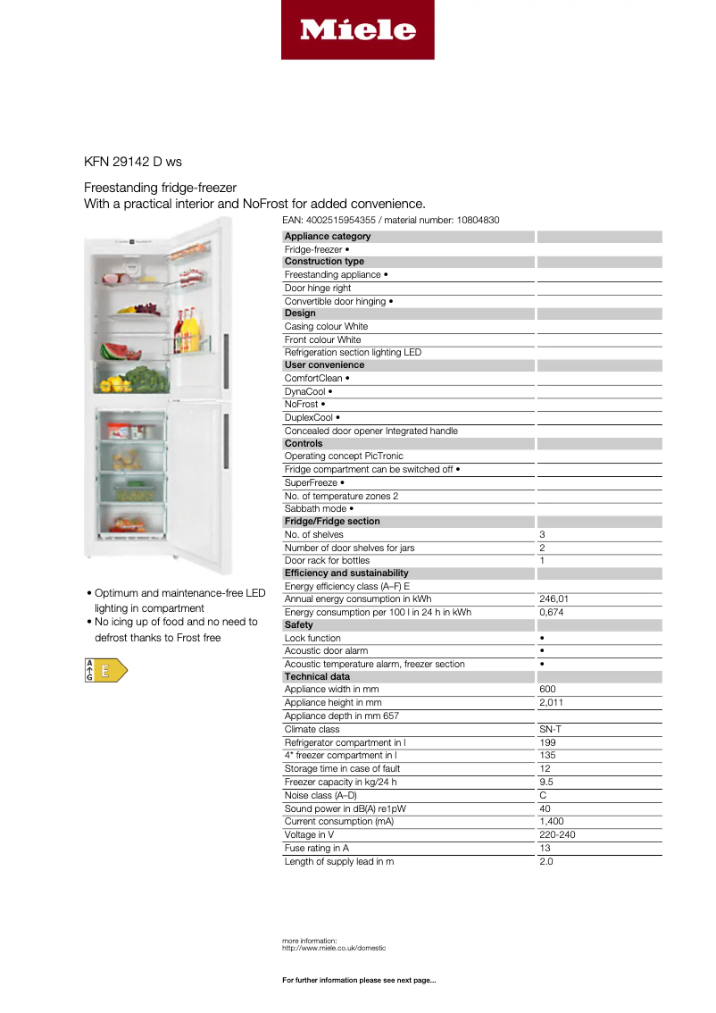 Página 1 del manual Ficha técnica Miele KFN 29142 D ws