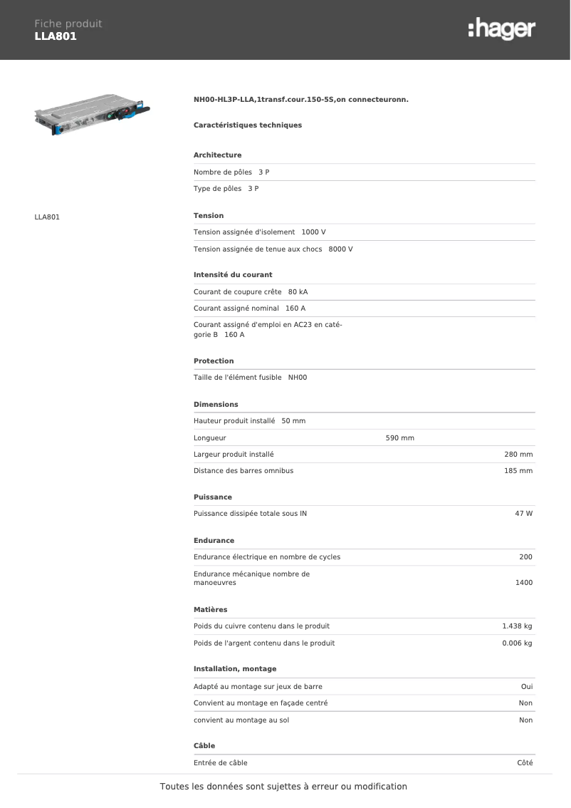 Página 1 del manual Ficha técnica Hager LLA801