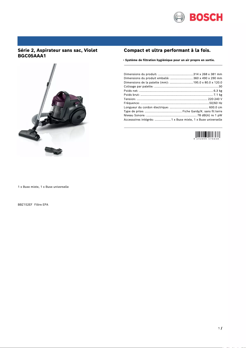 Página 1 del manual Ficha técnica Bosch BGC05AAA1