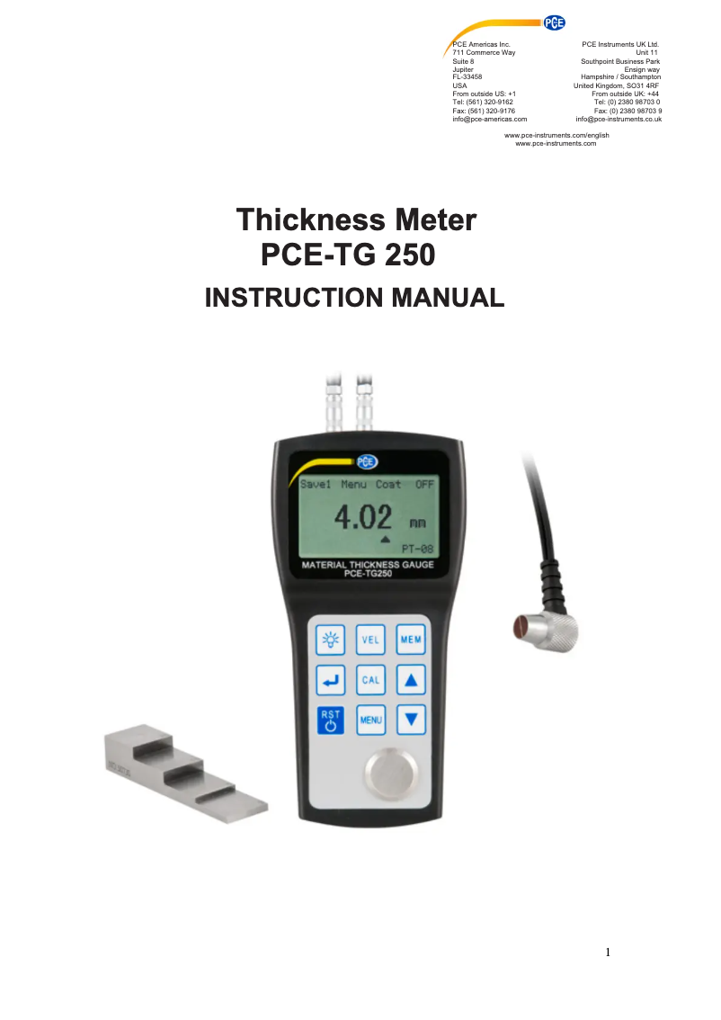 Imagen de la primera página del manual del dispositivo PCE-TG 250
