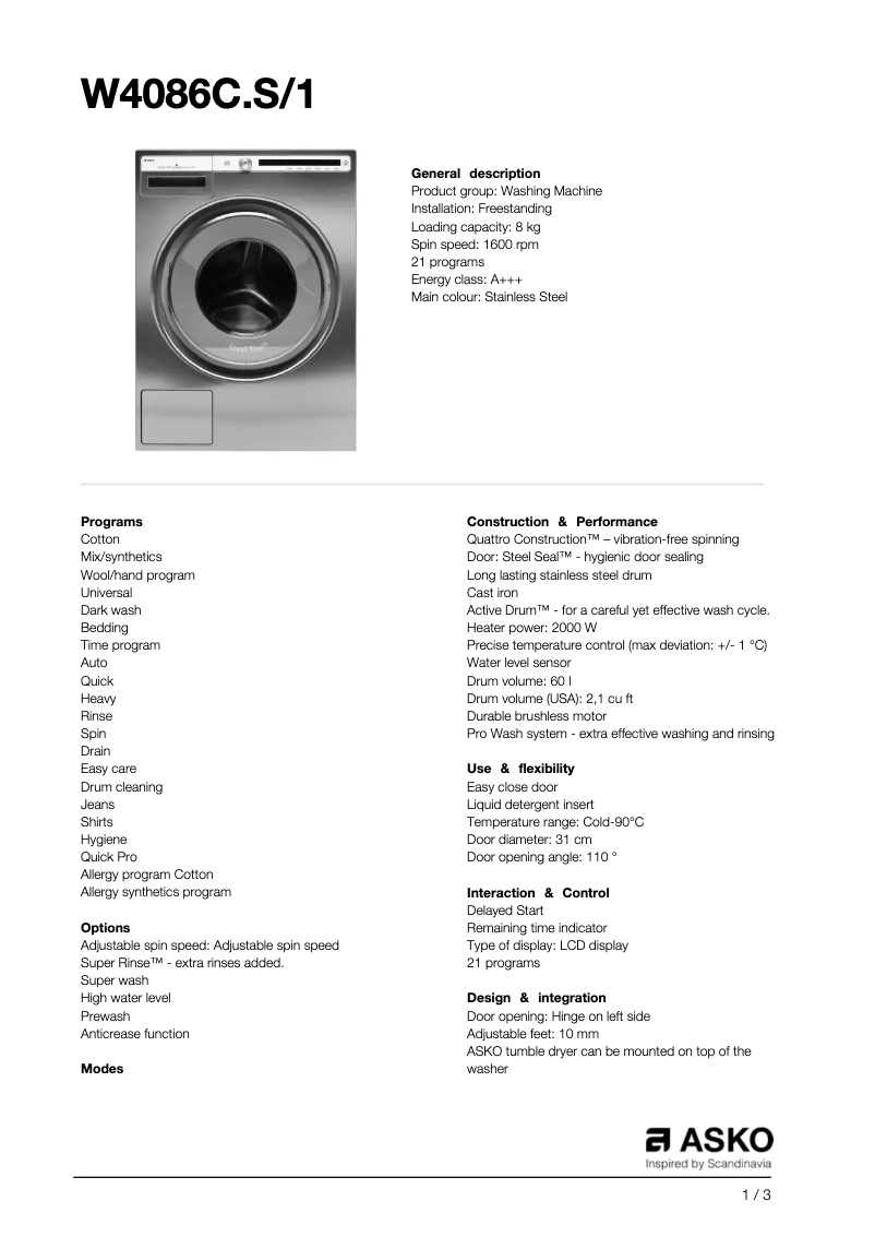 Página 1 del manual Ficha técnica Asko W4086C.S/1