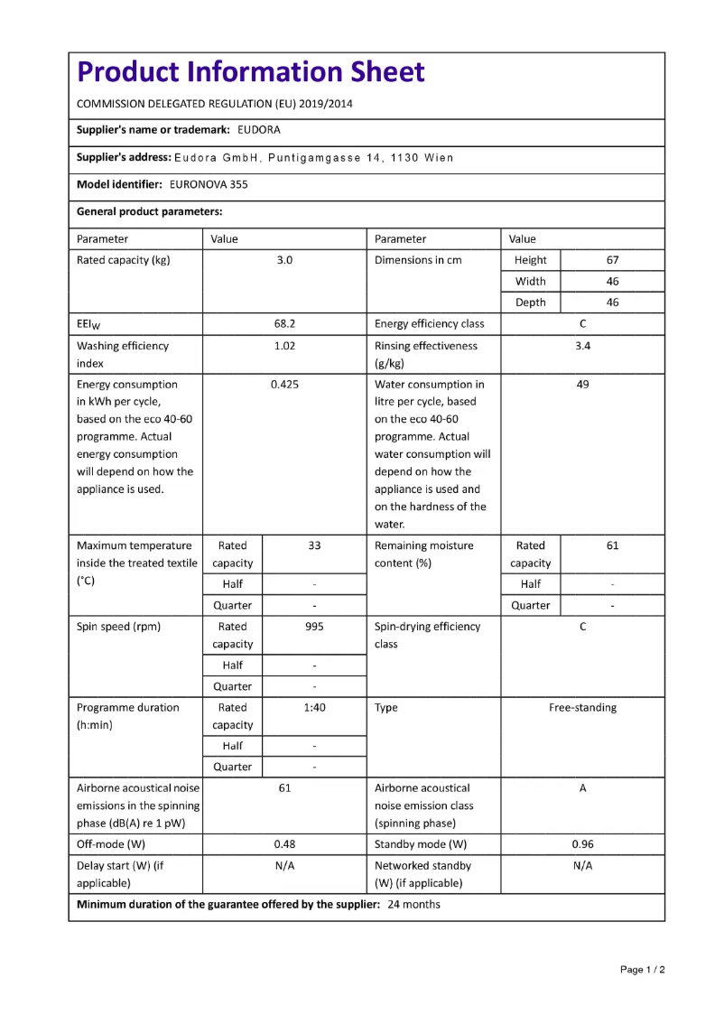 Página 1 del manual Ficha técnica Eudora EURONOVA 355