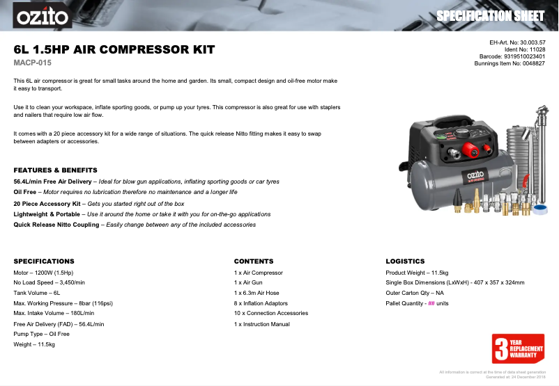 Página 1 del manual Ficha técnica Ozito MACP-015