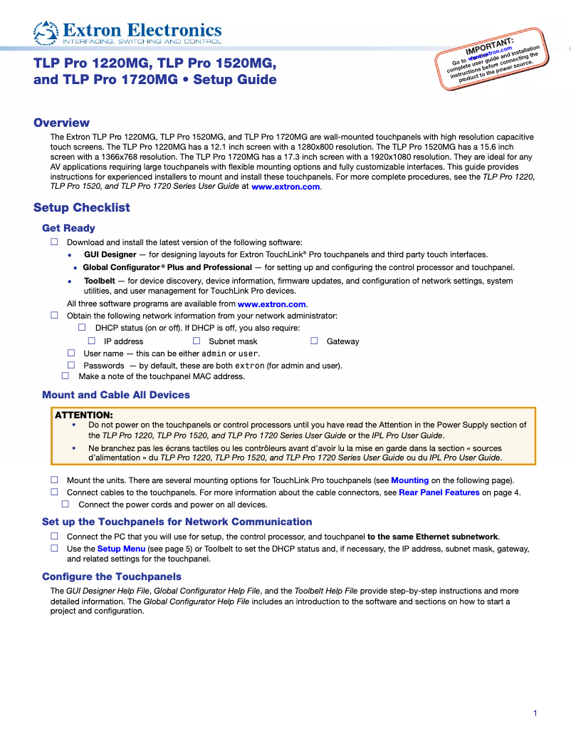 Página 1 del manual Manual de usuario Extron TLP Pro 1220MG