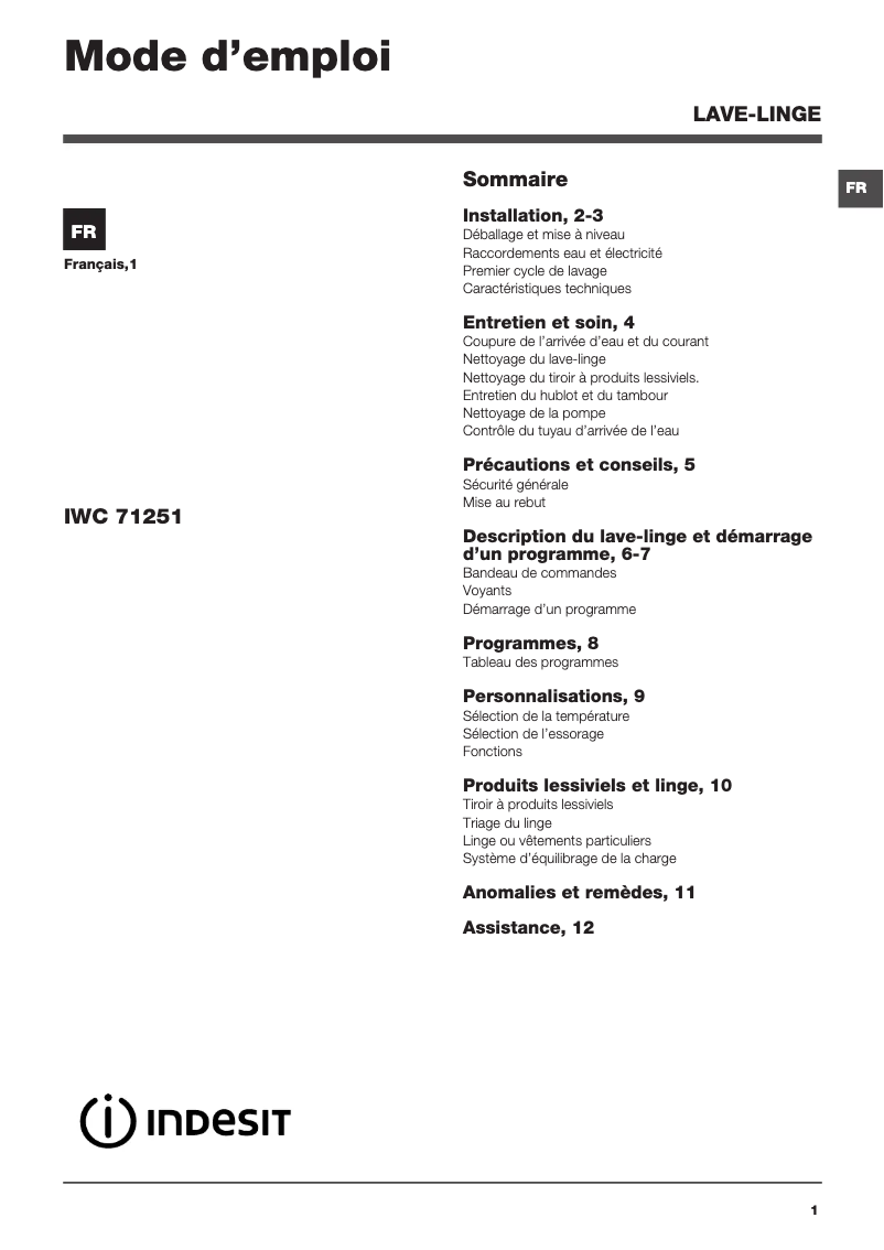 Página 1 del manual Manual de usuario Indesit IWC 71251 C (FR).T