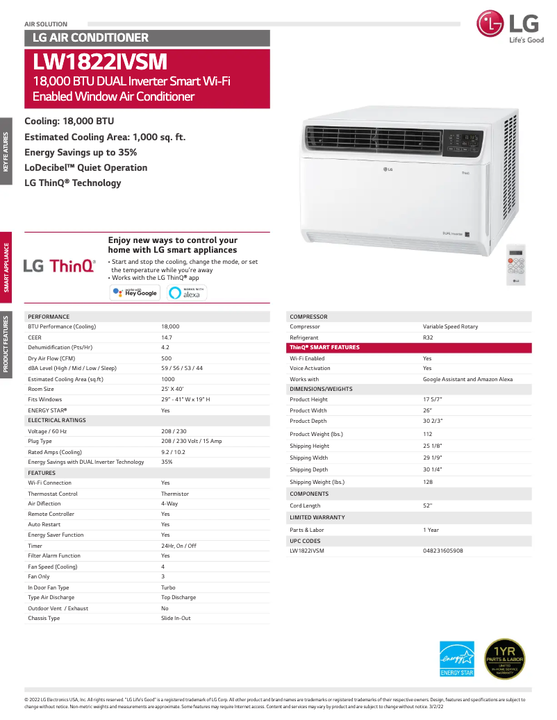 Página 1 del manual Ficha técnica LG LW1822IVSM
