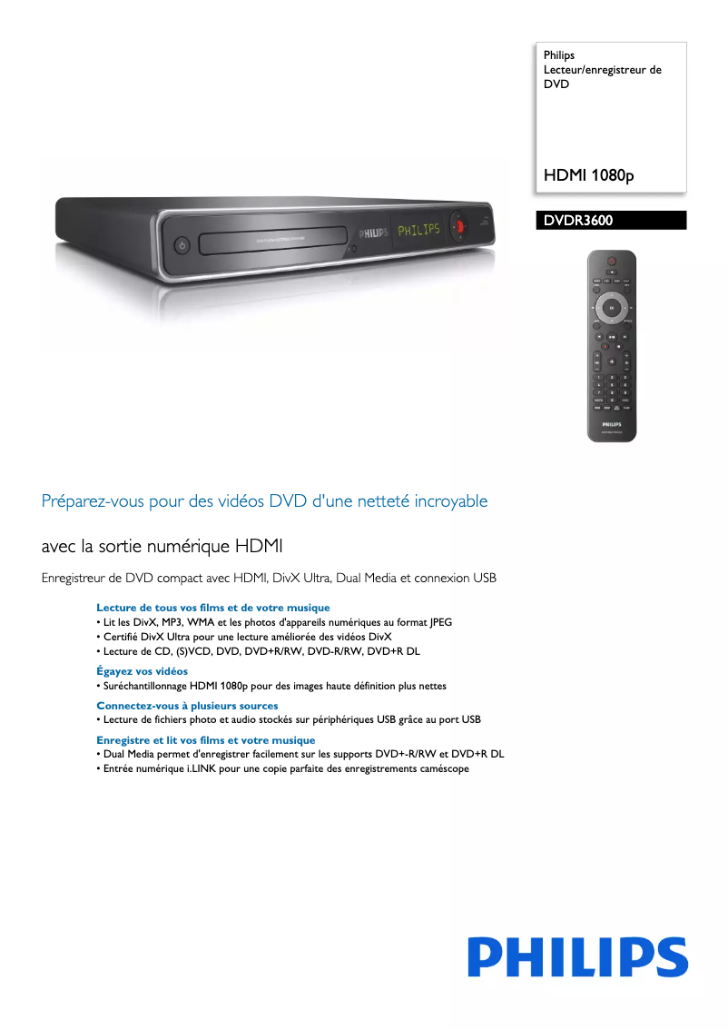 Página 1 del manual Ficha técnica Philips DVDR3600