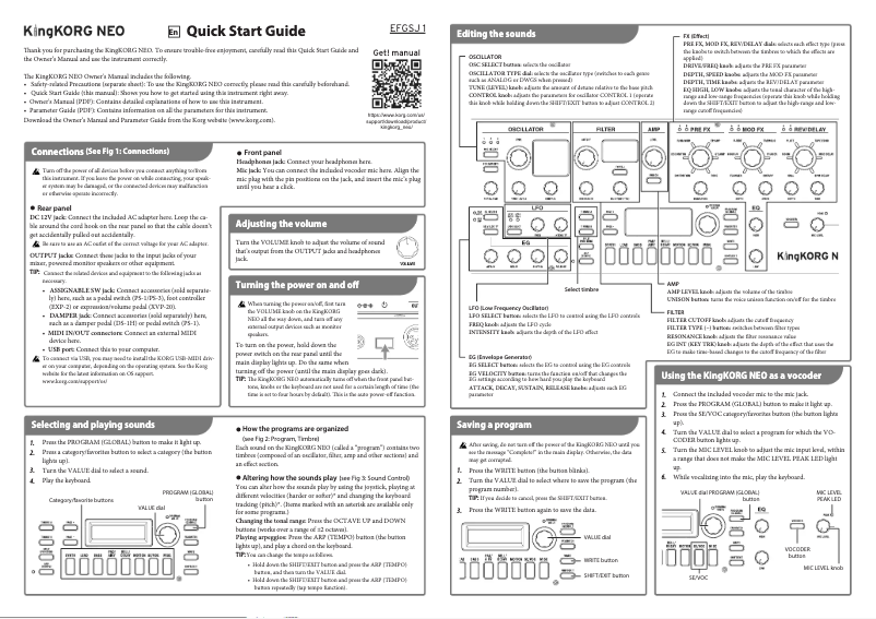 Imagen de la primera página del manual del dispositivo KingKorg NEO