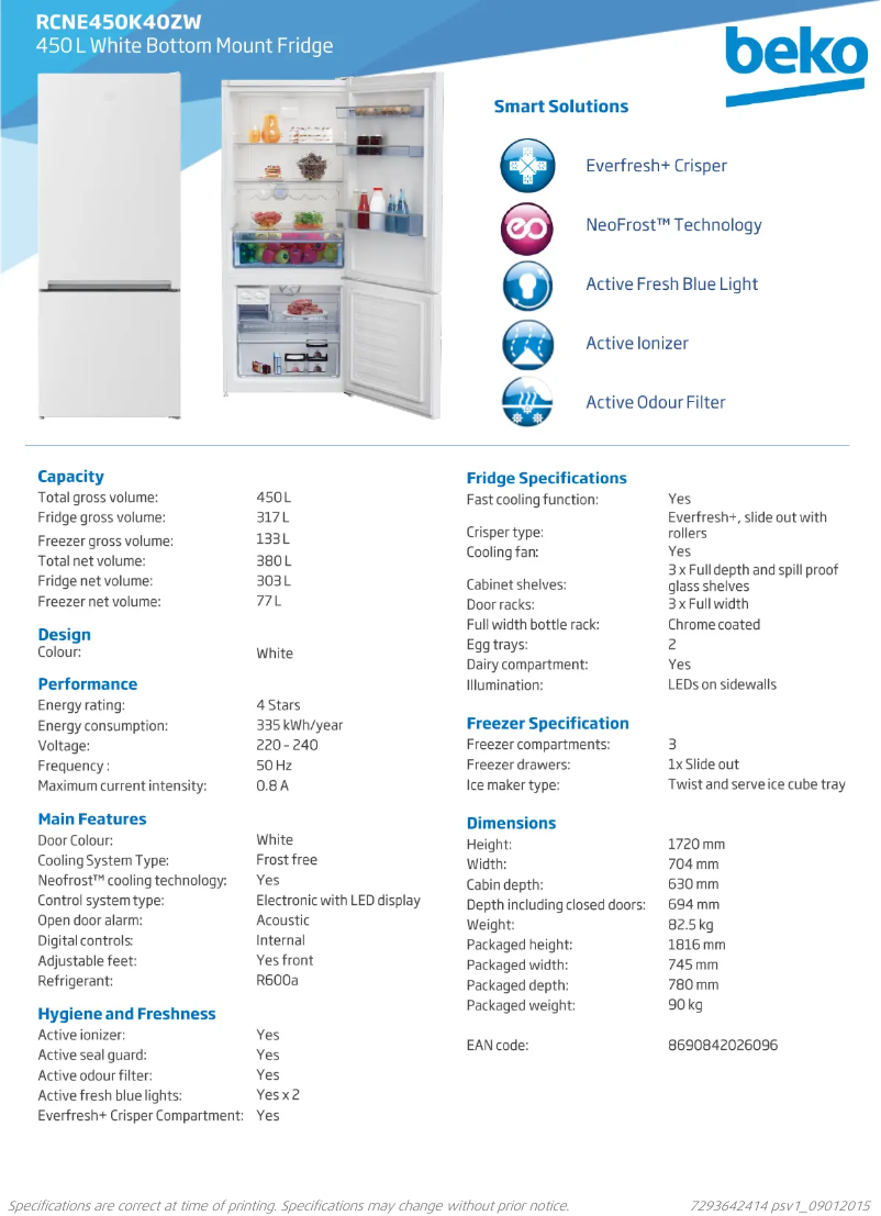 Página 1 del manual Ficha técnica Beko RCNE450K40ZW