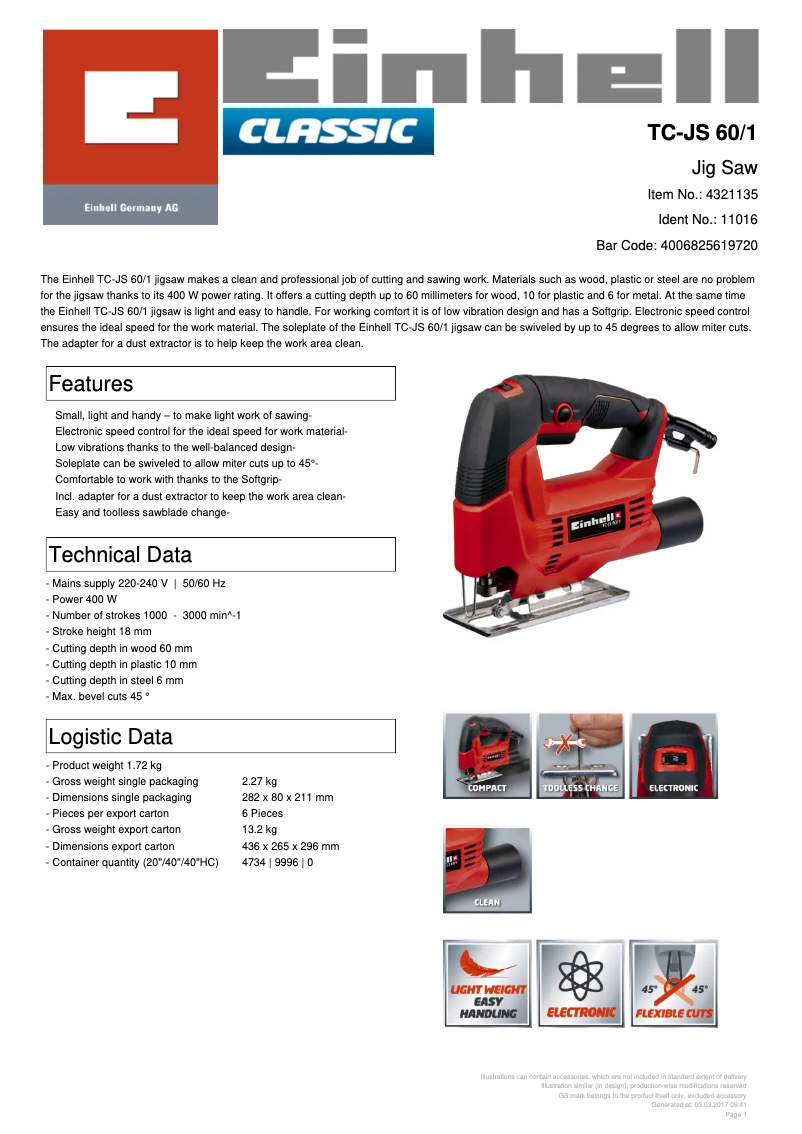 Página nº 1 - Ficha técnica Einhell TC-JS 60/1