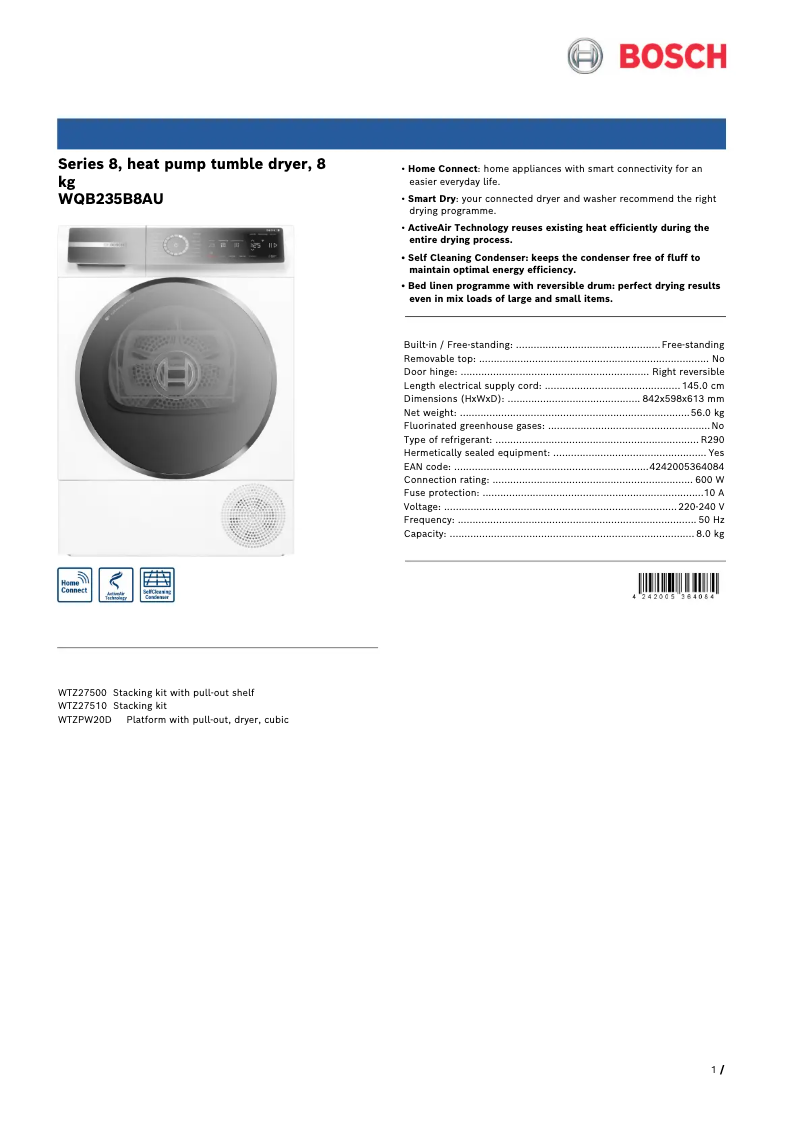 Página 1 del manual Ficha técnica Bosch WQB235B8AU