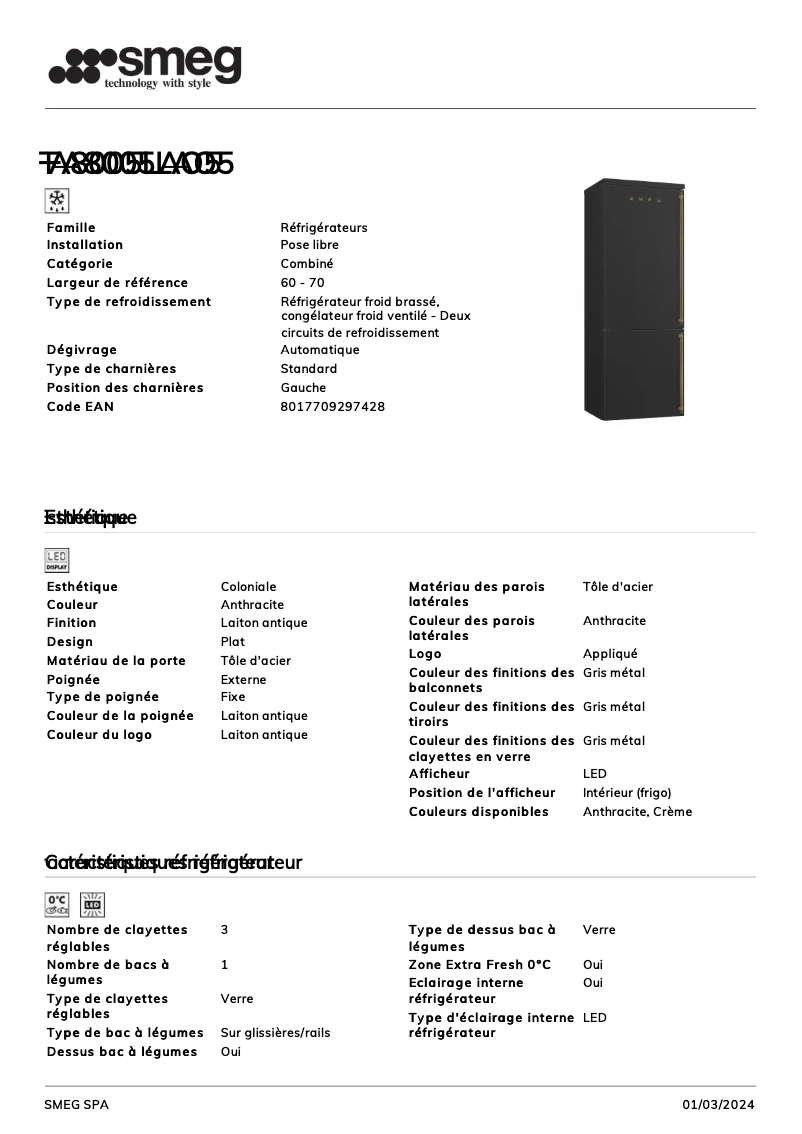 Página 1 del manual Ficha técnica Smeg FA8005LAO5