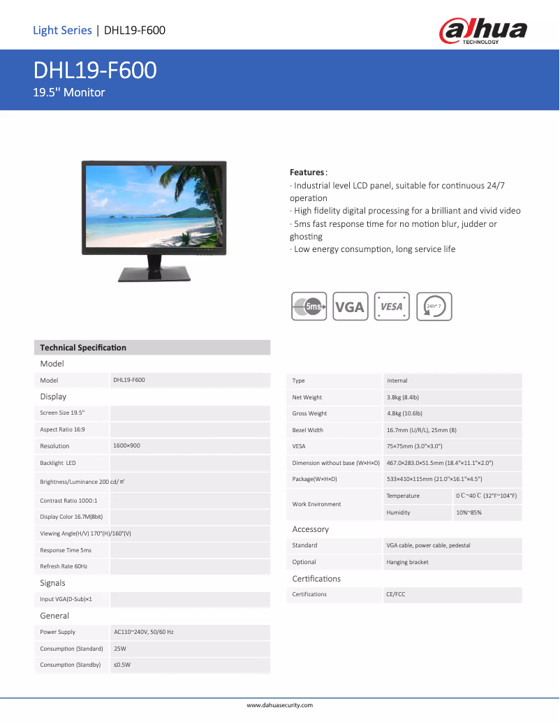 Página 1 del manual Ficha técnica Dahua Technology DHL19-F600