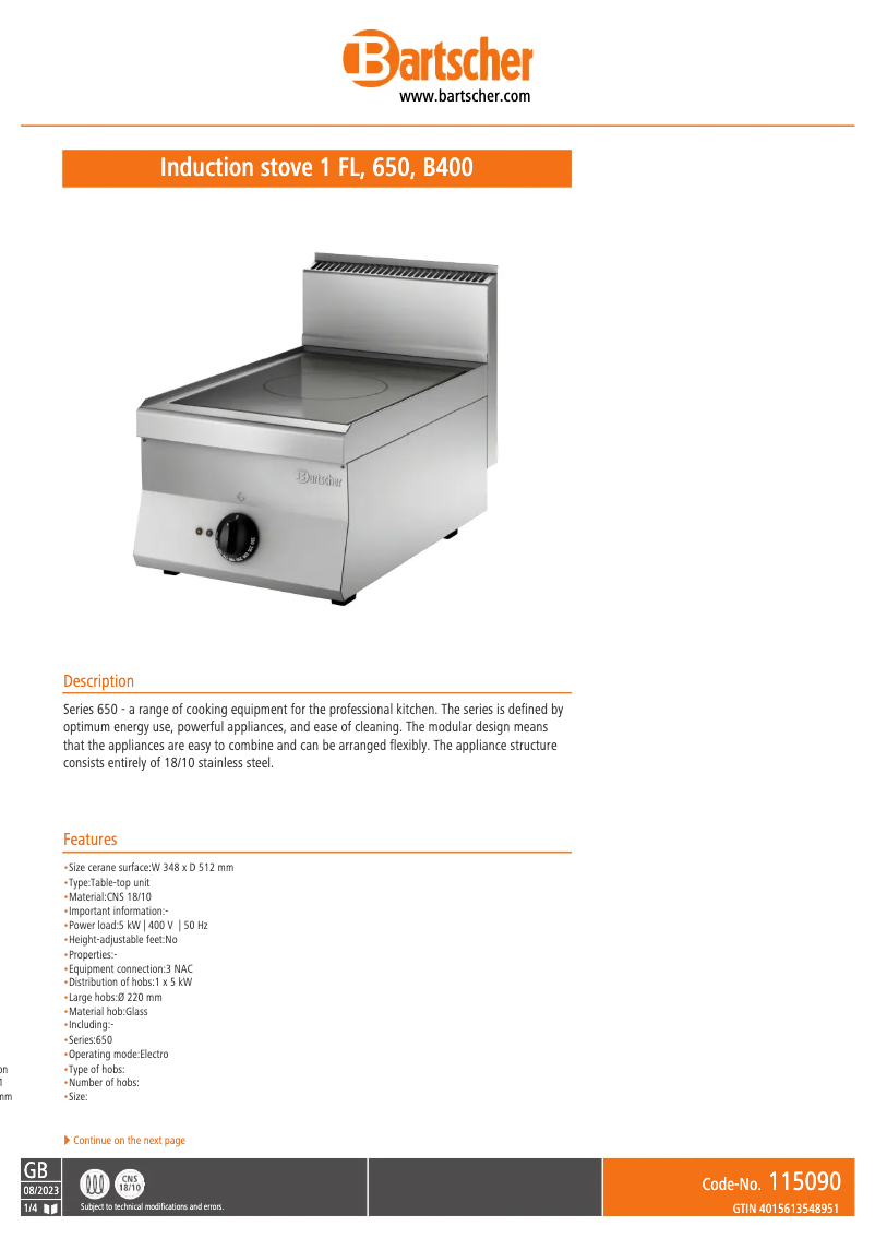 Página 1 del manual Ficha técnica Bartscher 115090