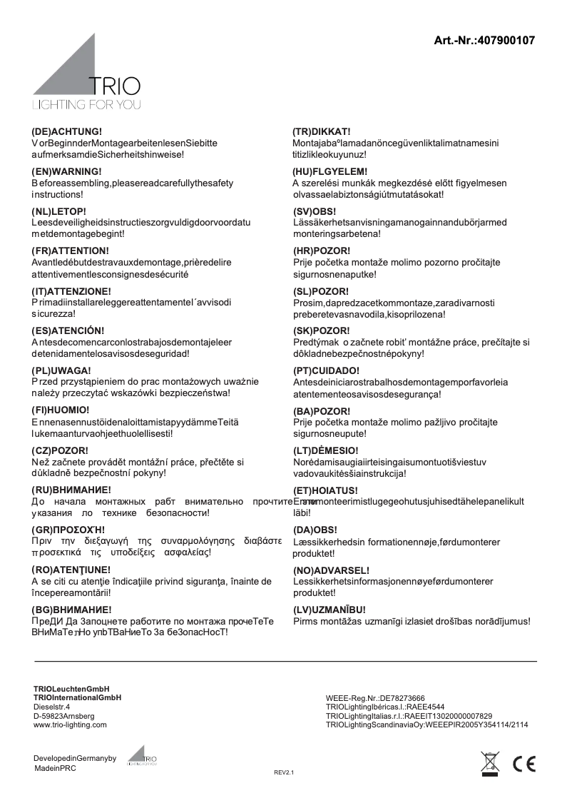 Página 1 del manual Manual de usuario Trio Lighting Arcor 407900107