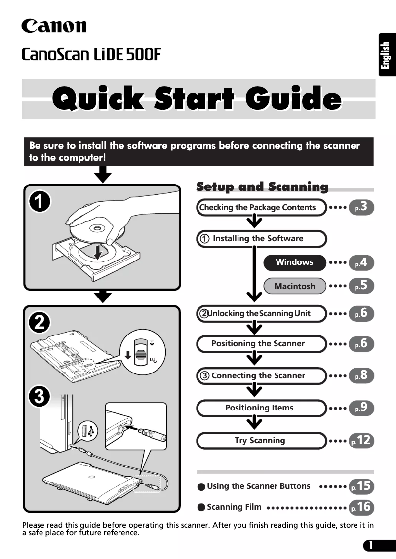 Imagen de la primera página del manual del dispositivo Canoscan LiDE 500F