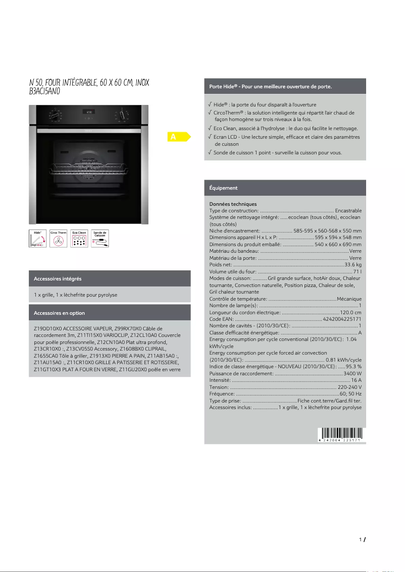 Página 1 del manual Ficha técnica Neff B3ACI5AN0