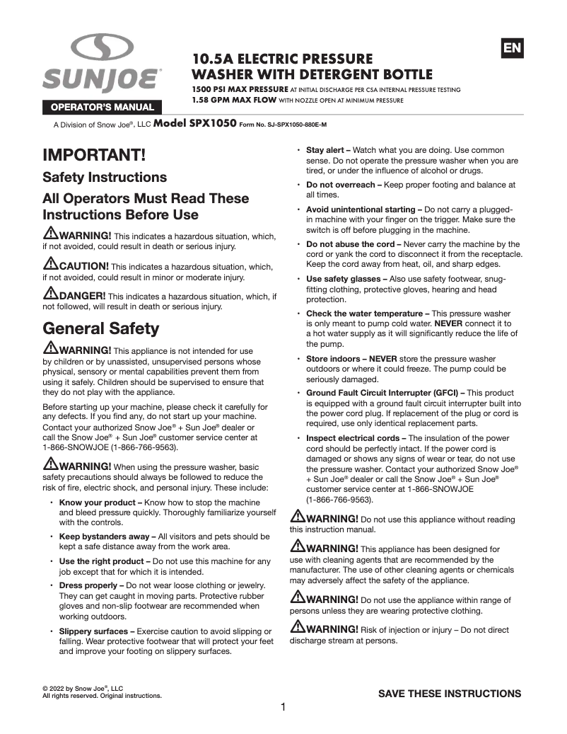 Página nº 1 - Manual de usuario Sun Joe SPX1050