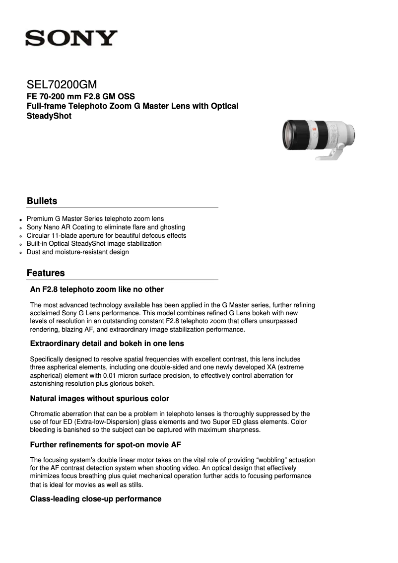 Página 1 del manual Ficha técnica Sony SEL70200GM