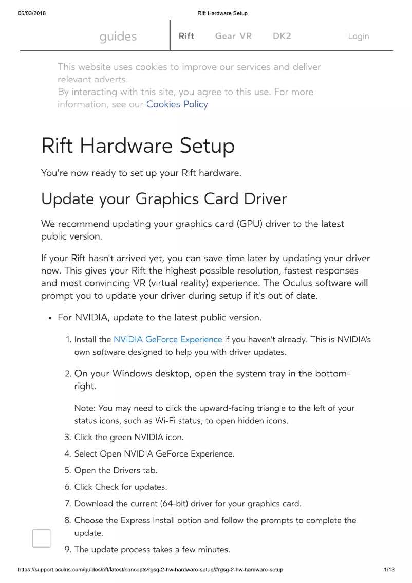 Imagen de la primera página del manual del dispositivo Rift