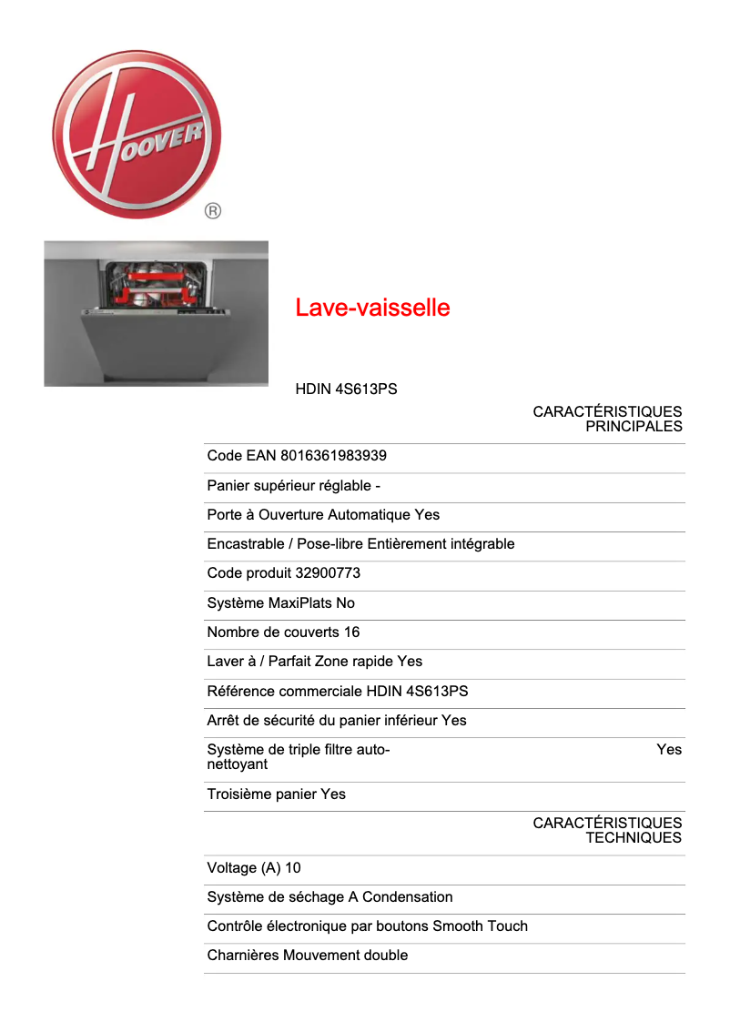 Página 1 del manual Ficha técnica Hoover HDIN 4S613PS-80