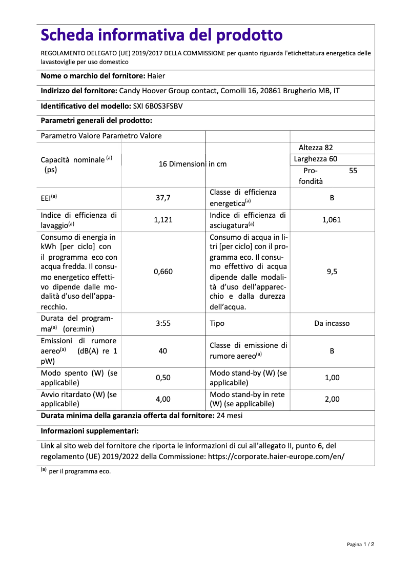 Página 1 del manual Ficha técnica Haier SXI 6B0S3FSBV
