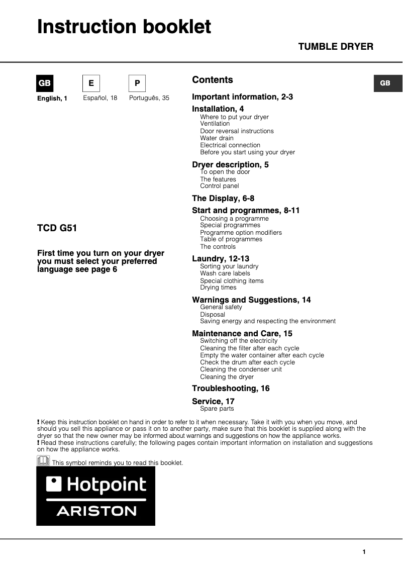 Imagen de la primera página del manual del dispositivo TCD G51 XB K