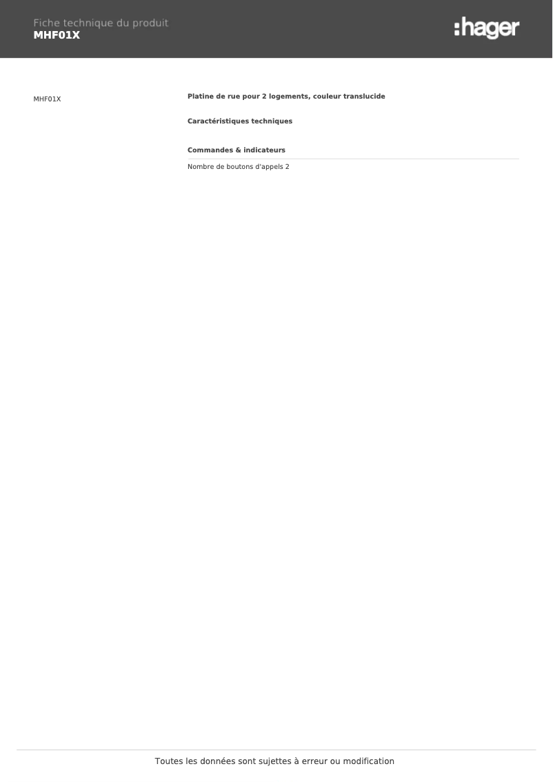 Página 1 del manual Ficha técnica Hager MHF01X