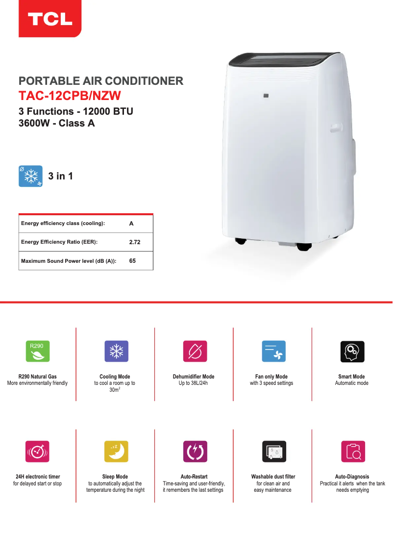 Página 1 del manual Ficha técnica TCL TAC-12CPB/NZW