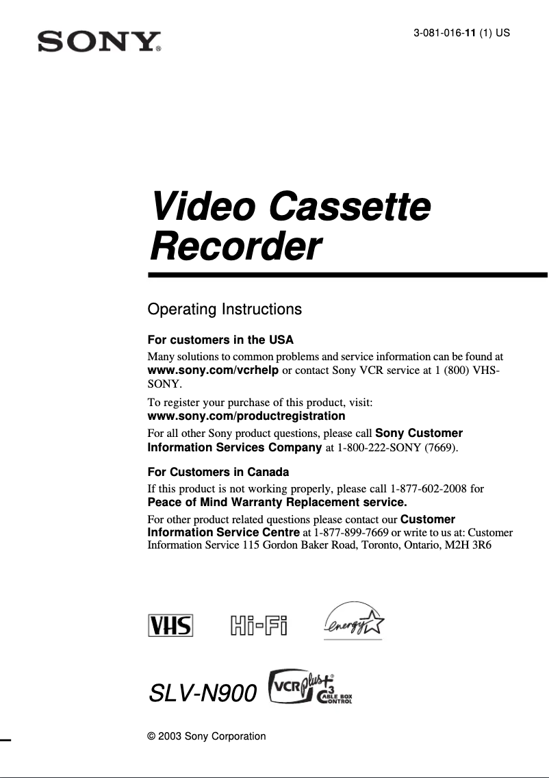 Página nº 1 - Manual de usuario Sony SLV-N900