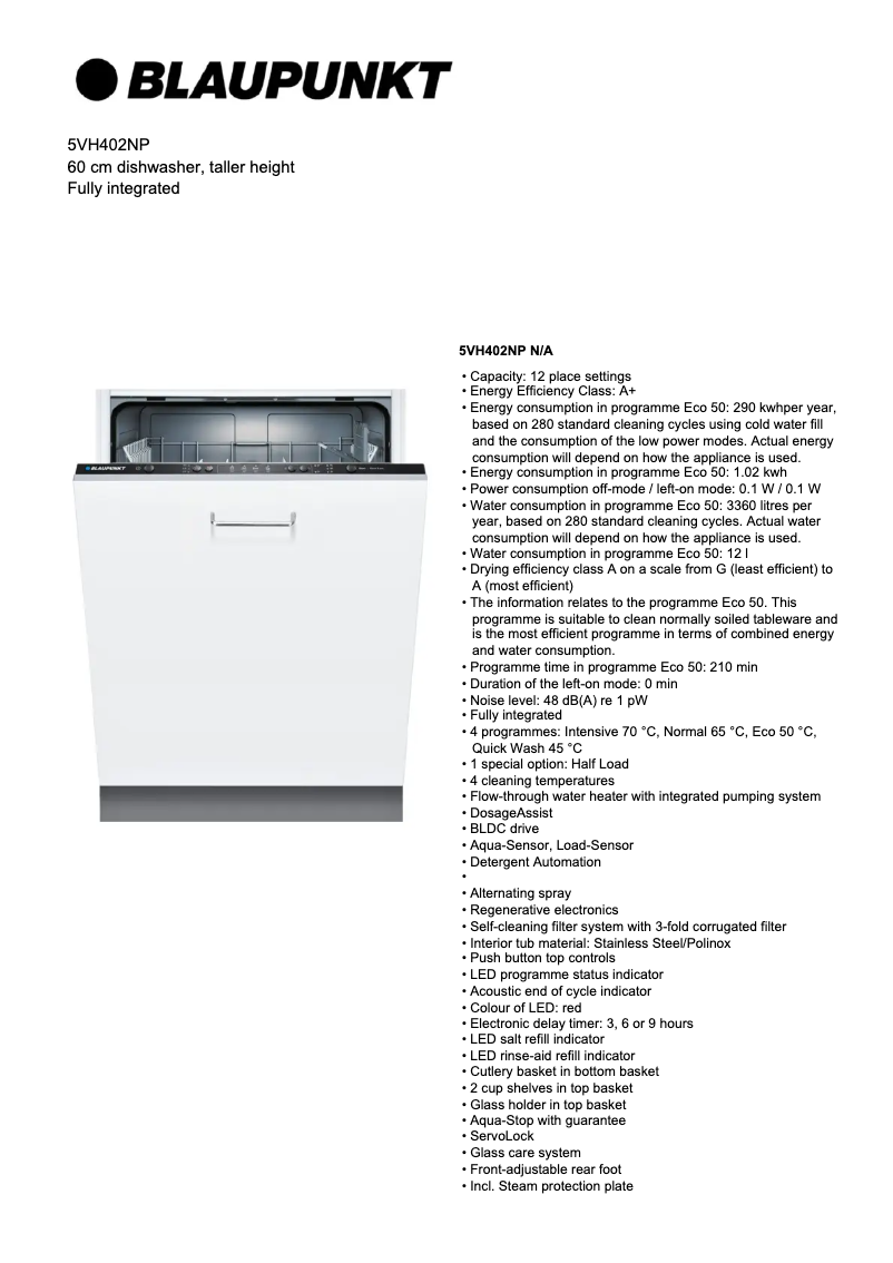 Página 1 del manual Ficha técnica Blaupunkt 5VH402NP