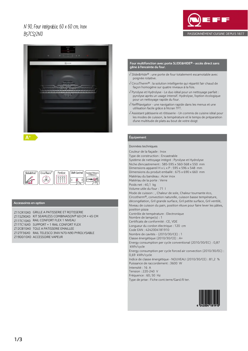 Página 1 del manual Ficha técnica Neff B57CS22N0