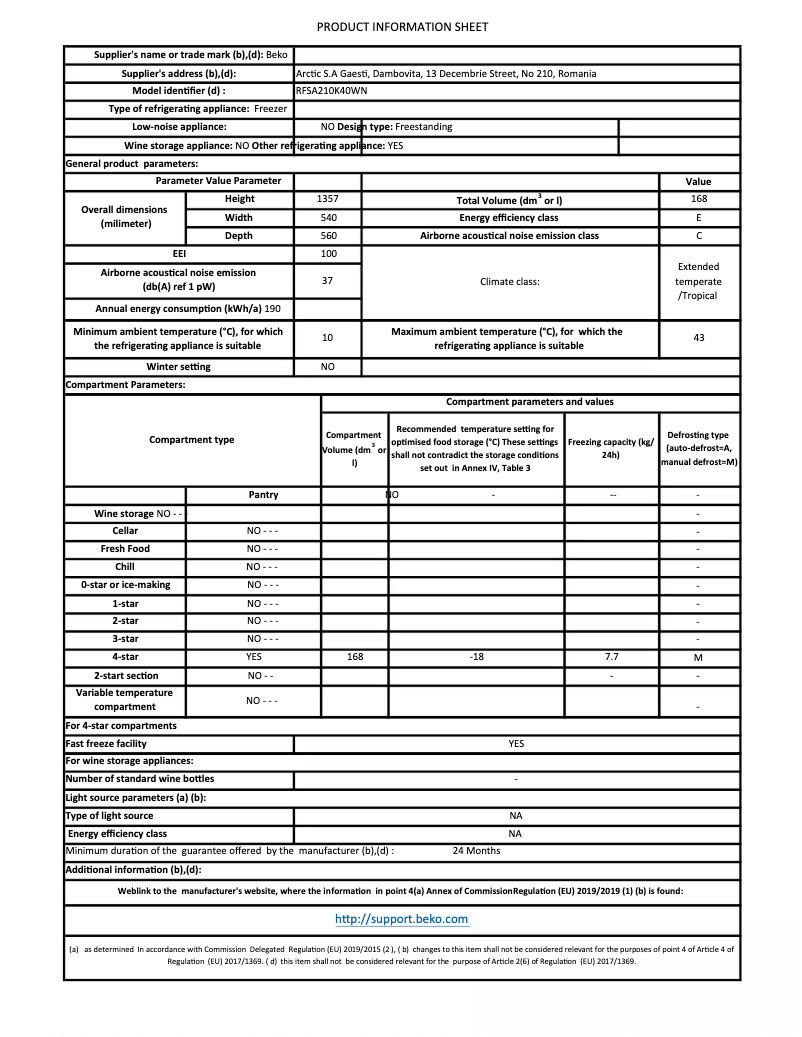 Página 1 del manual Ficha técnica Beko RFSA210K40WN