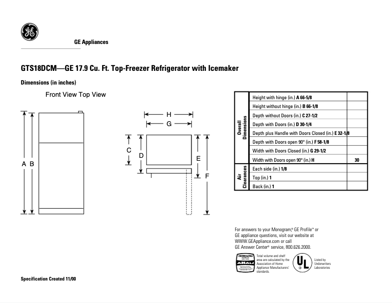 Página 1 del manual Ficha técnica GE GTS18DCMRCC