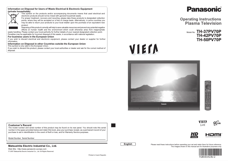 Página nº 1 - Manual de usuario Panasonic TH-50PV70P