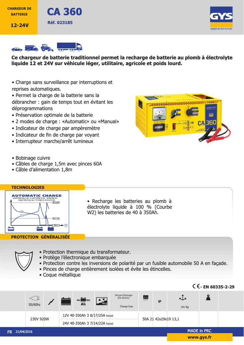 Página 1 del manual Ficha técnica GYS CA 360