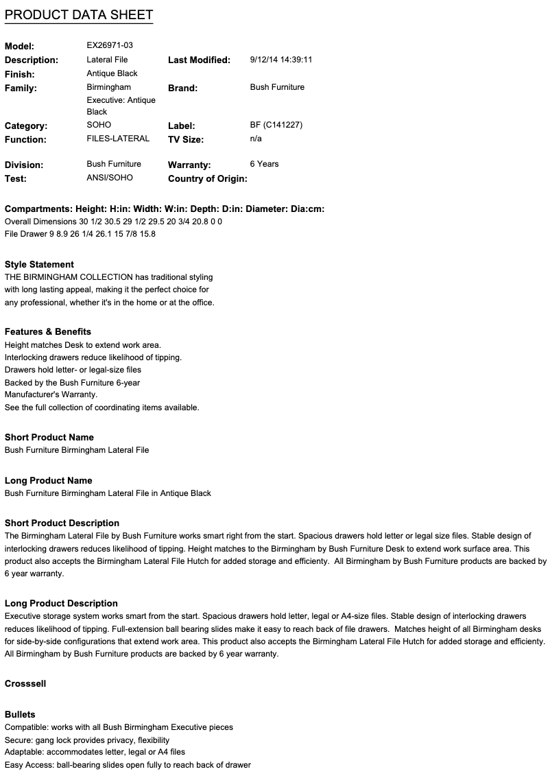 Página 1 del manual Ficha técnica Bush Birmingham EX26971-03