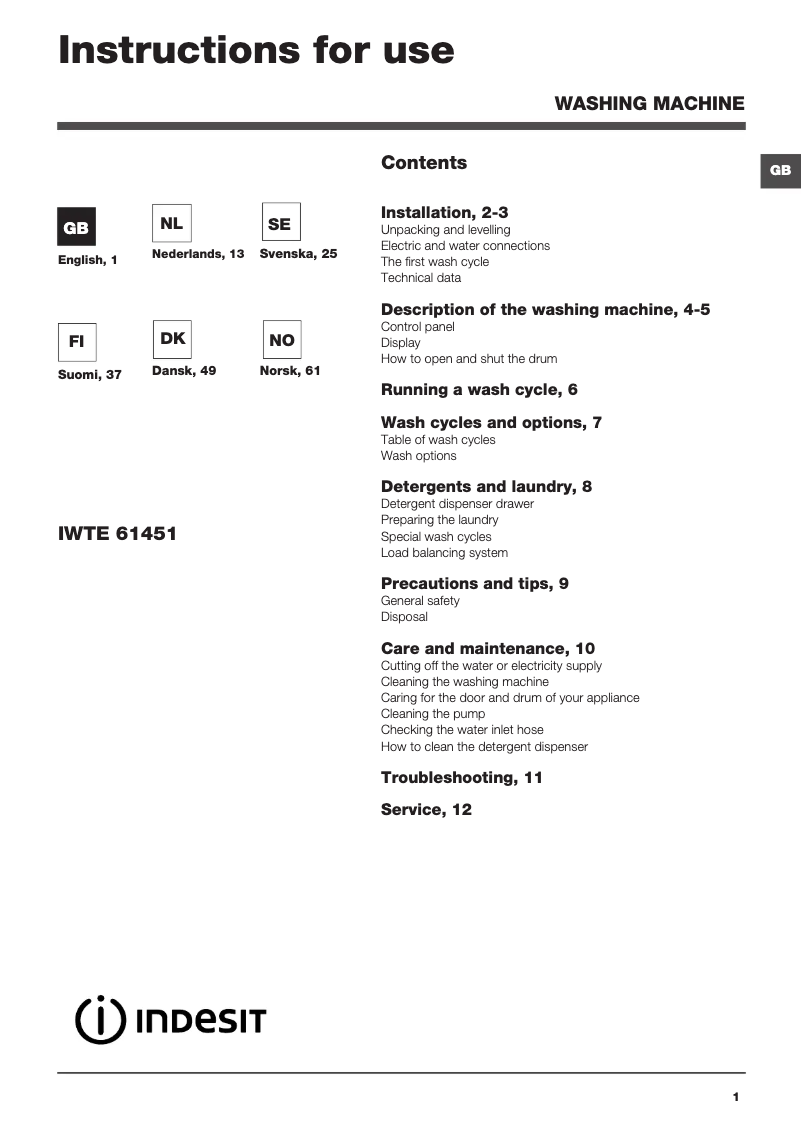 Página 1 del manual Manual de usuario Indesit IWTE 61451 ECO EU